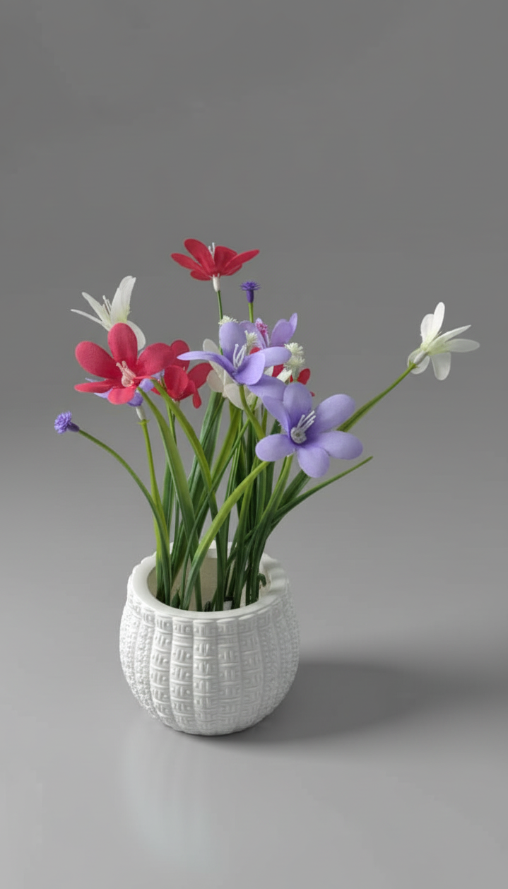 Potted plant with red, white, and purple flowers 