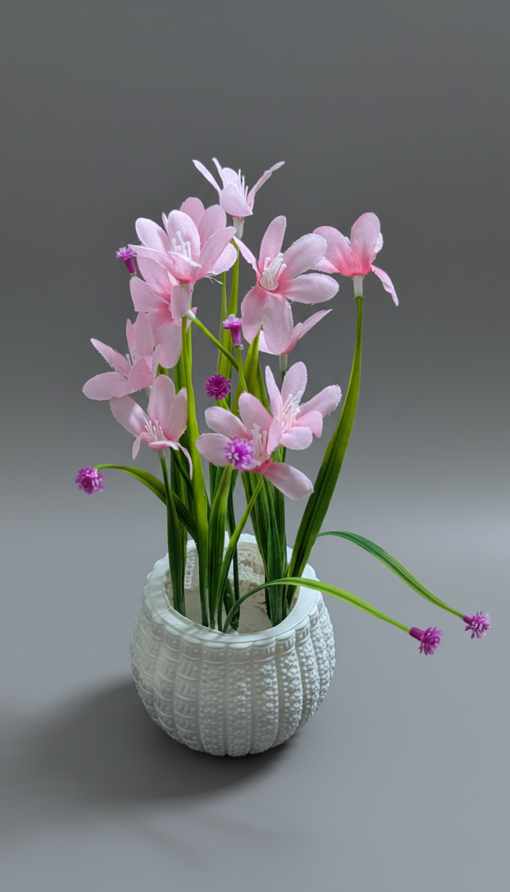 Pink flowers in a textured white vase 